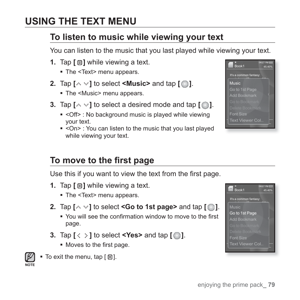 Using the text menu | Samsung YP-S5JQB-XAA User Manual | Page 79 / 125