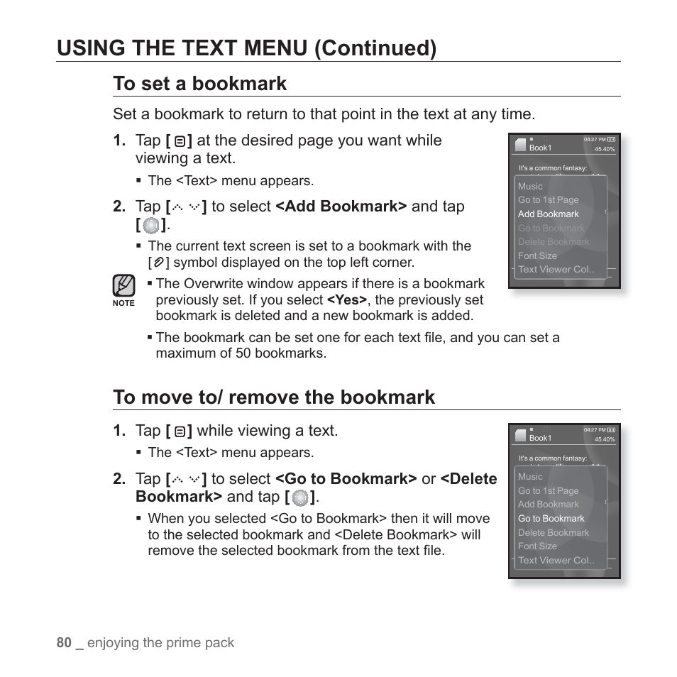 Using the text menu (continued) | Samsung YP-S5JQB-XAA User Manual | Page 80 / 125