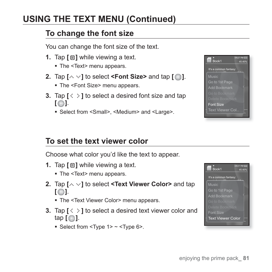 Using the text menu (continued) | Samsung YP-S5JQB-XAA User Manual | Page 81 / 125