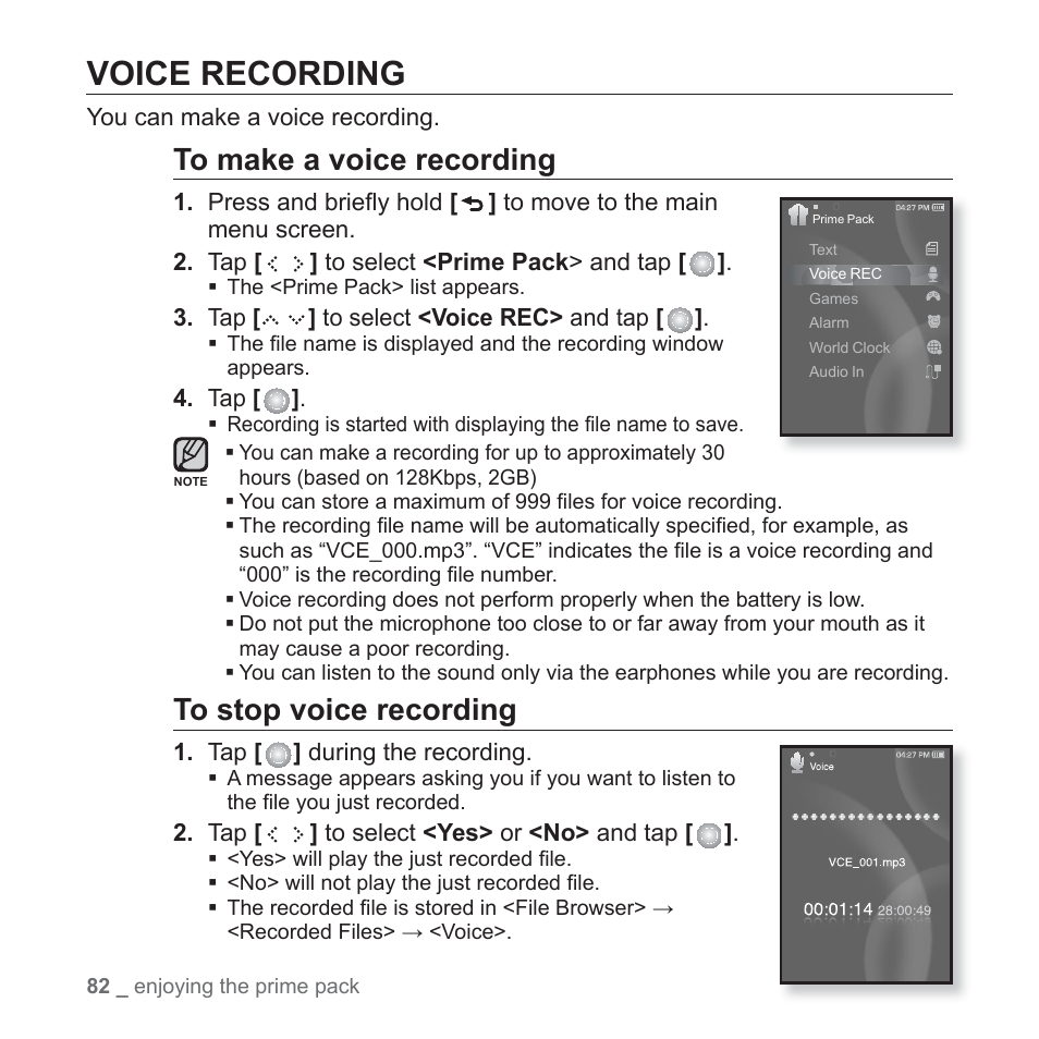 Voice recording | Samsung YP-S5JQB-XAA User Manual | Page 82 / 125