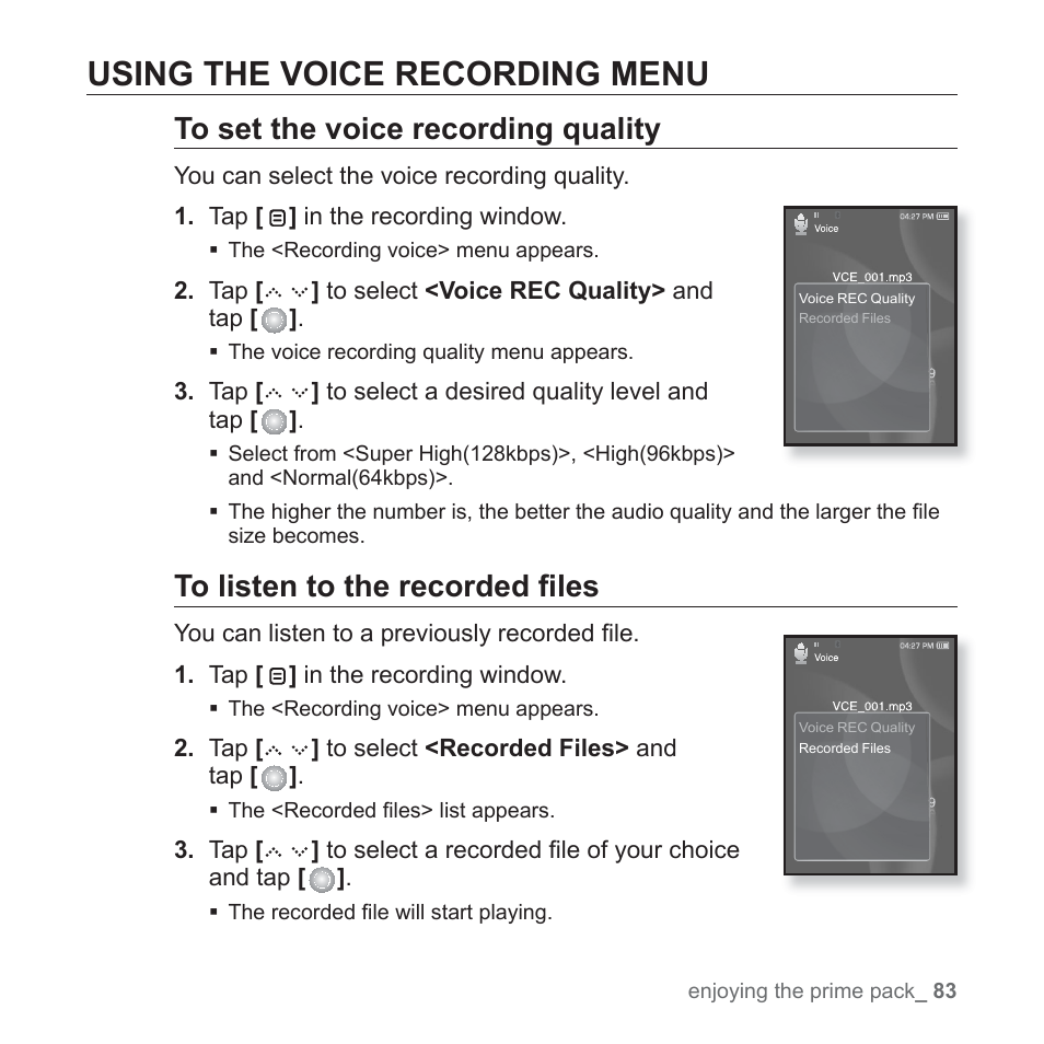 Using the voice recording menu | Samsung YP-S5JQB-XAA User Manual | Page 83 / 125