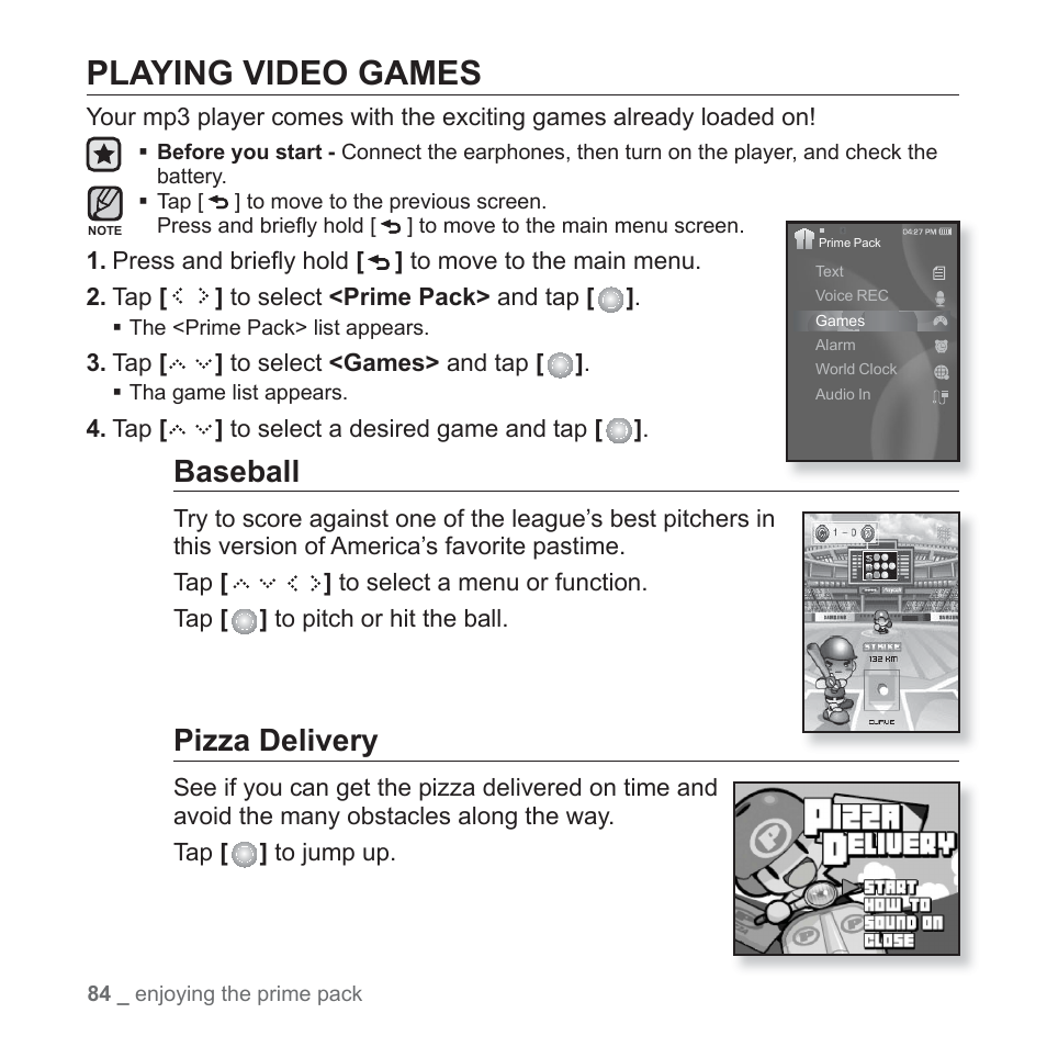 Playing video games, Baseball, Pizza delivery | Samsung YP-S5JQB-XAA User Manual | Page 84 / 125