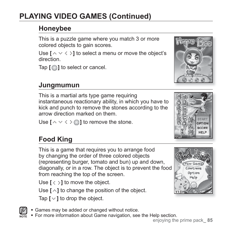 Playing video games (continued), Honeybee, Jungmumun | Food king | Samsung YP-S5JQB-XAA User Manual | Page 85 / 125