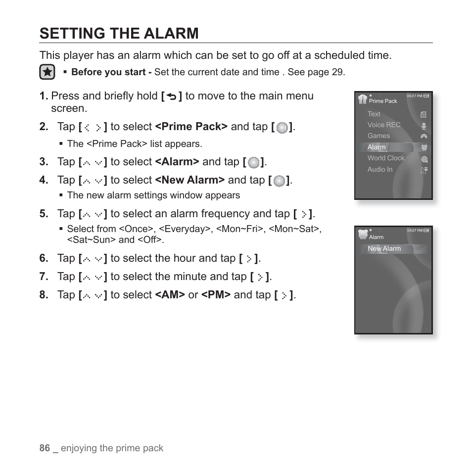 Setting the alarm | Samsung YP-S5JQB-XAA User Manual | Page 86 / 125