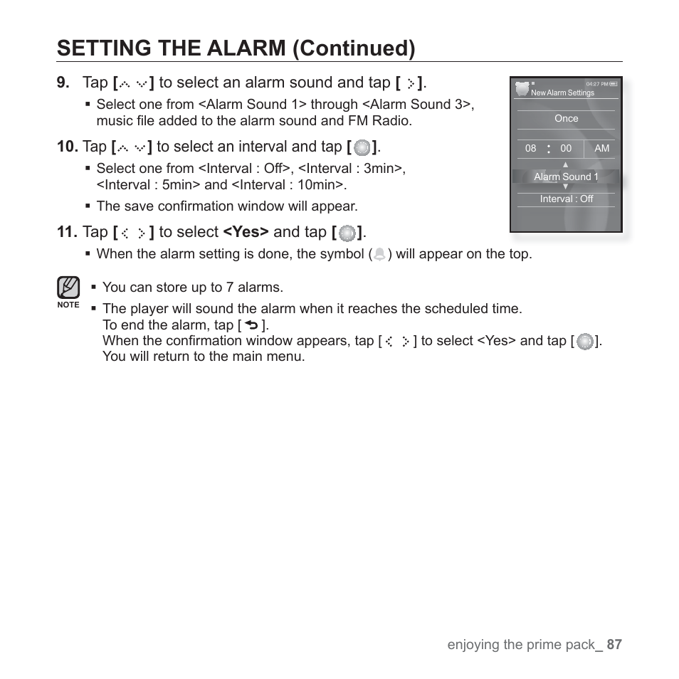 Setting the alarm (continued) | Samsung YP-S5JQB-XAA User Manual | Page 87 / 125