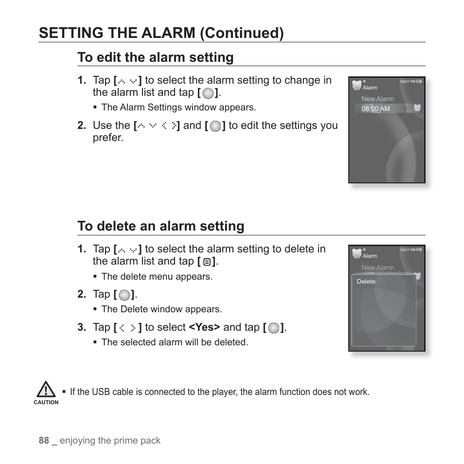 Setting the alarm (continued) | Samsung YP-S5JQB-XAA User Manual | Page 88 / 125