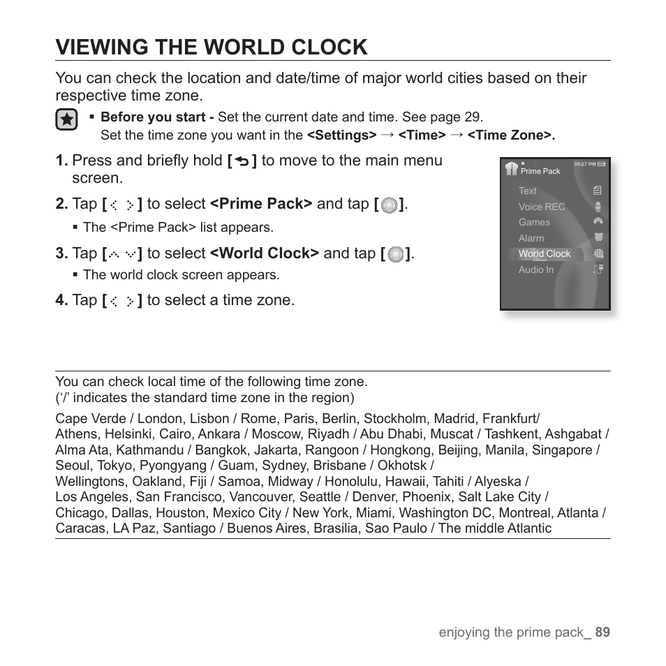 Viewing the world clock | Samsung YP-S5JQB-XAA User Manual | Page 89 / 125