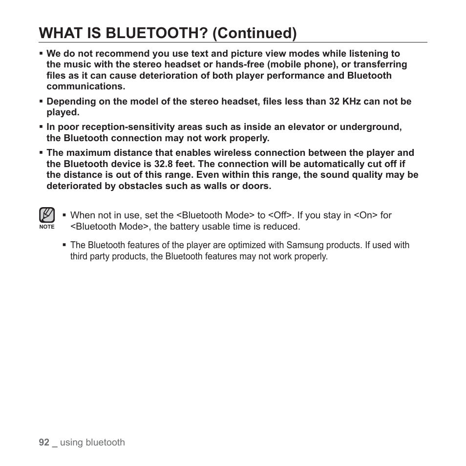 What is bluetooth? (continued) | Samsung YP-S5JQB-XAA User Manual | Page 92 / 125