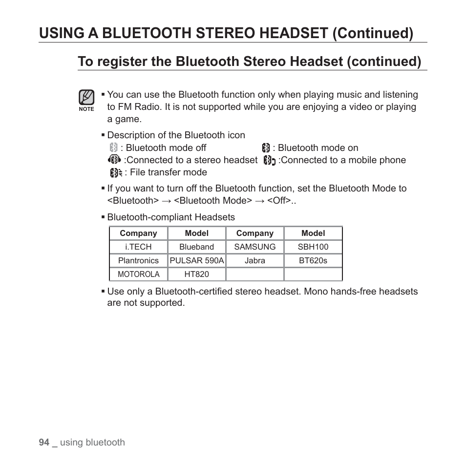 Using a bluetooth stereo headset (continued) | Samsung YP-S5JQB-XAA User Manual | Page 94 / 125