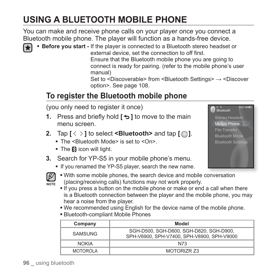 Using a bluetooth mobile phone | Samsung YP-S5JQB-XAA User Manual | Page 96 / 125