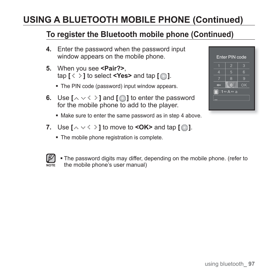 Using a bluetooth mobile phone (continued) | Samsung YP-S5JQB-XAA User Manual | Page 97 / 125