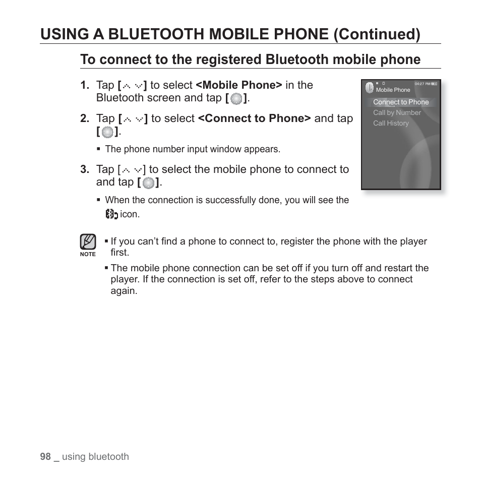 Using a bluetooth mobile phone (continued) | Samsung YP-S5JQB-XAA User Manual | Page 98 / 125