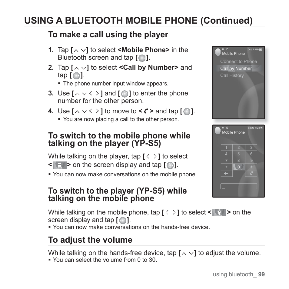 Using a bluetooth mobile phone (continued) | Samsung YP-S5JQB-XAA User Manual | Page 99 / 125