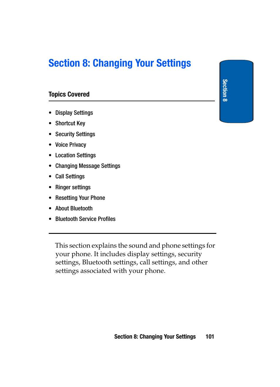 Section 8: changing your settings | Samsung SCH-A970ZSVXAR User Manual | Page 101 / 198