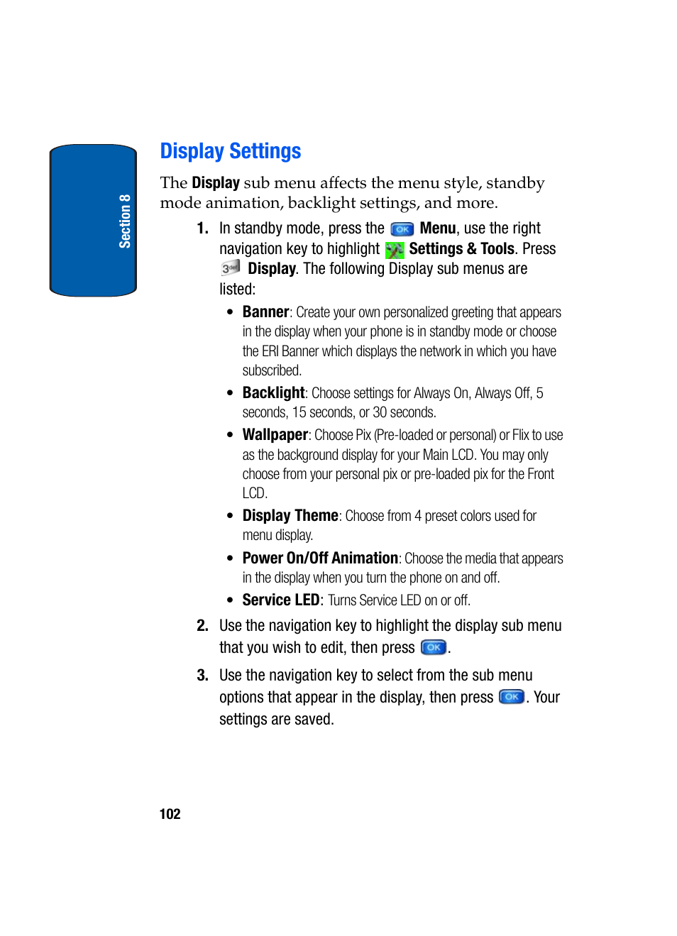 Display settings | Samsung SCH-A970ZSVXAR User Manual | Page 102 / 198