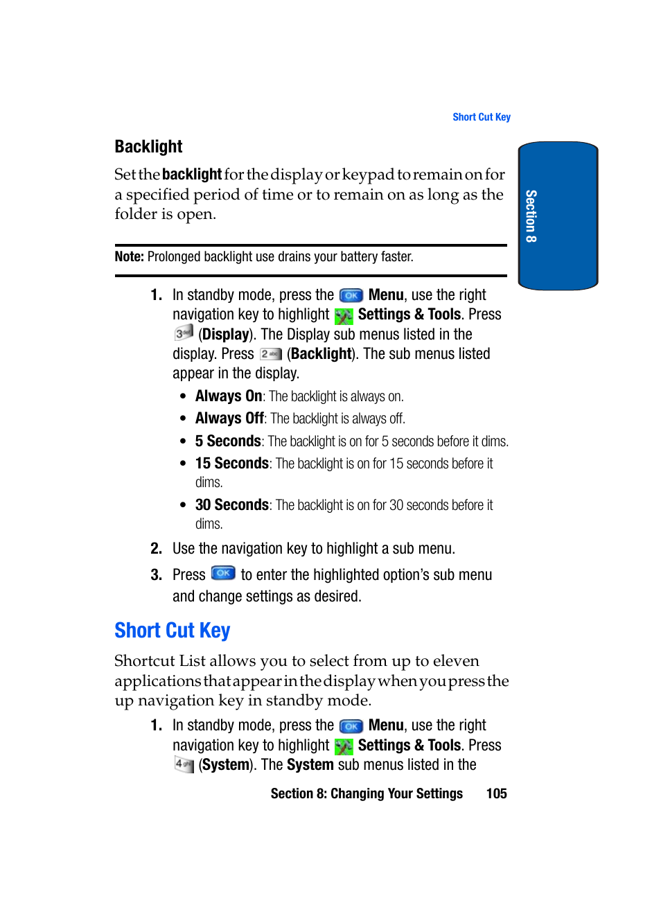 Backlight, Short cut key | Samsung SCH-A970ZSVXAR User Manual | Page 105 / 198