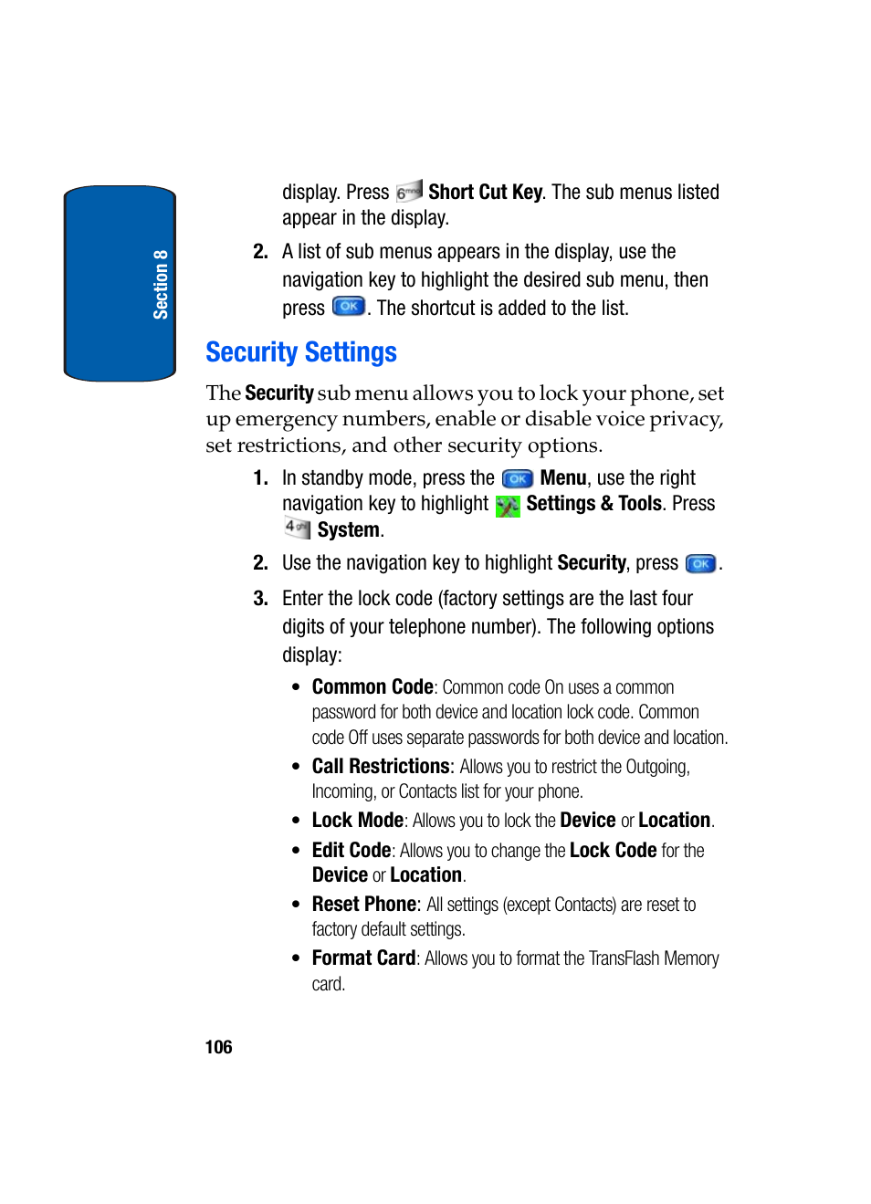 Security settings | Samsung SCH-A970ZSVXAR User Manual | Page 106 / 198