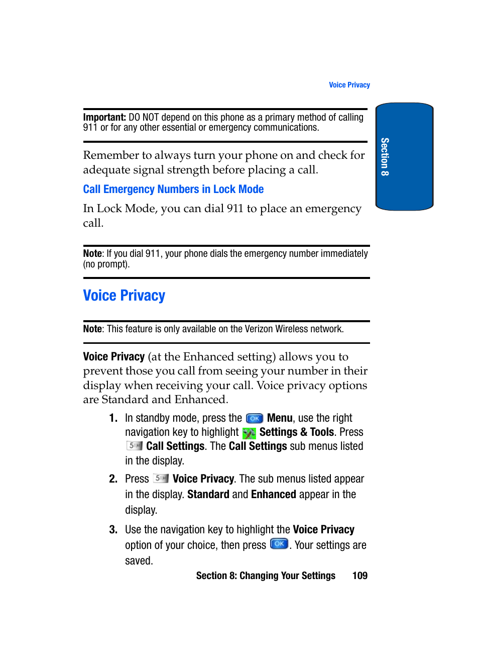 Call emergency numbers in lock mode, Voice privacy | Samsung SCH-A970ZSVXAR User Manual | Page 109 / 198