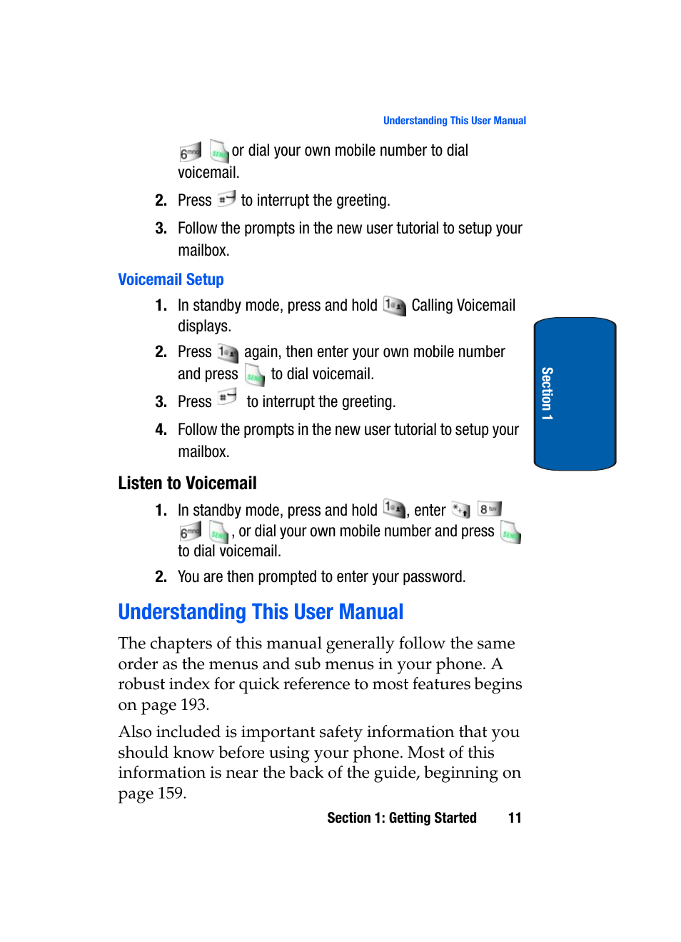 Voicemail setup, Listen to voicemail, Understanding this user manual | Samsung SCH-A970ZSVXAR User Manual | Page 11 / 198