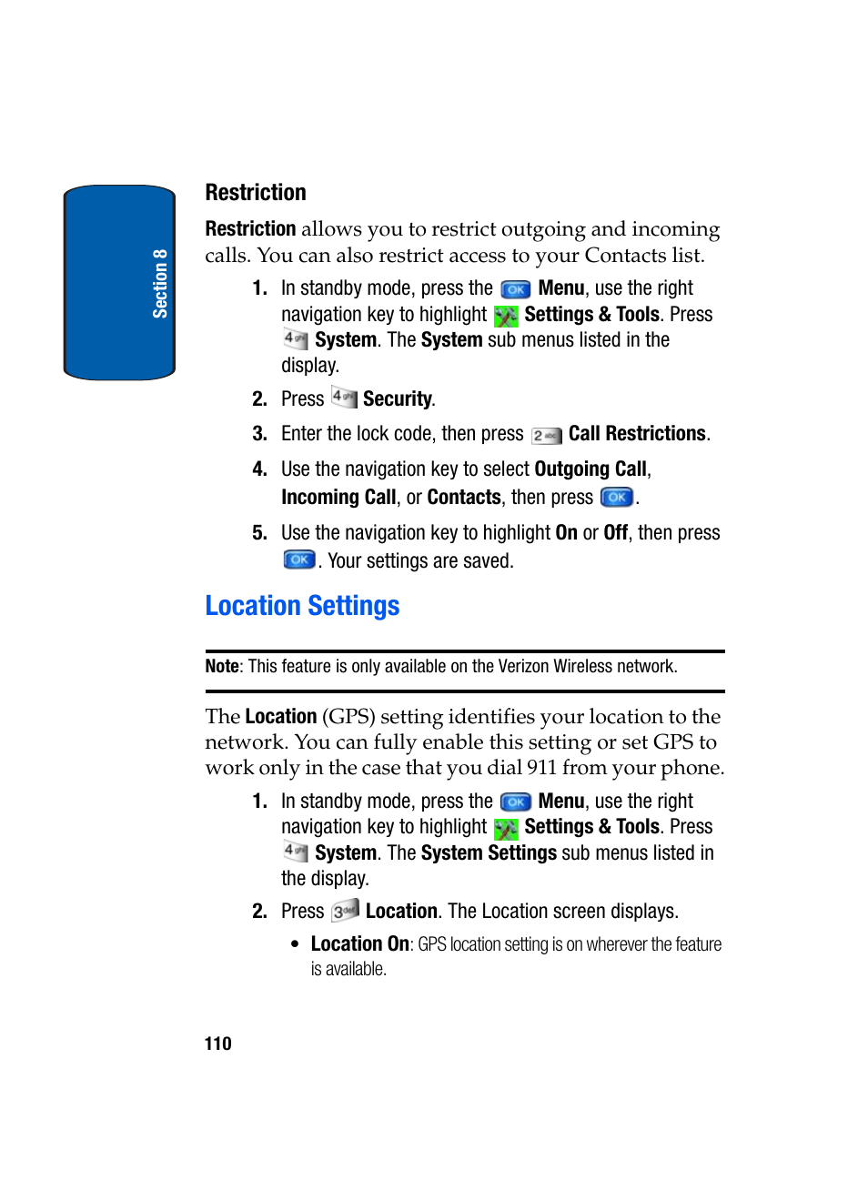 Restriction, Location settings | Samsung SCH-A970ZSVXAR User Manual | Page 110 / 198