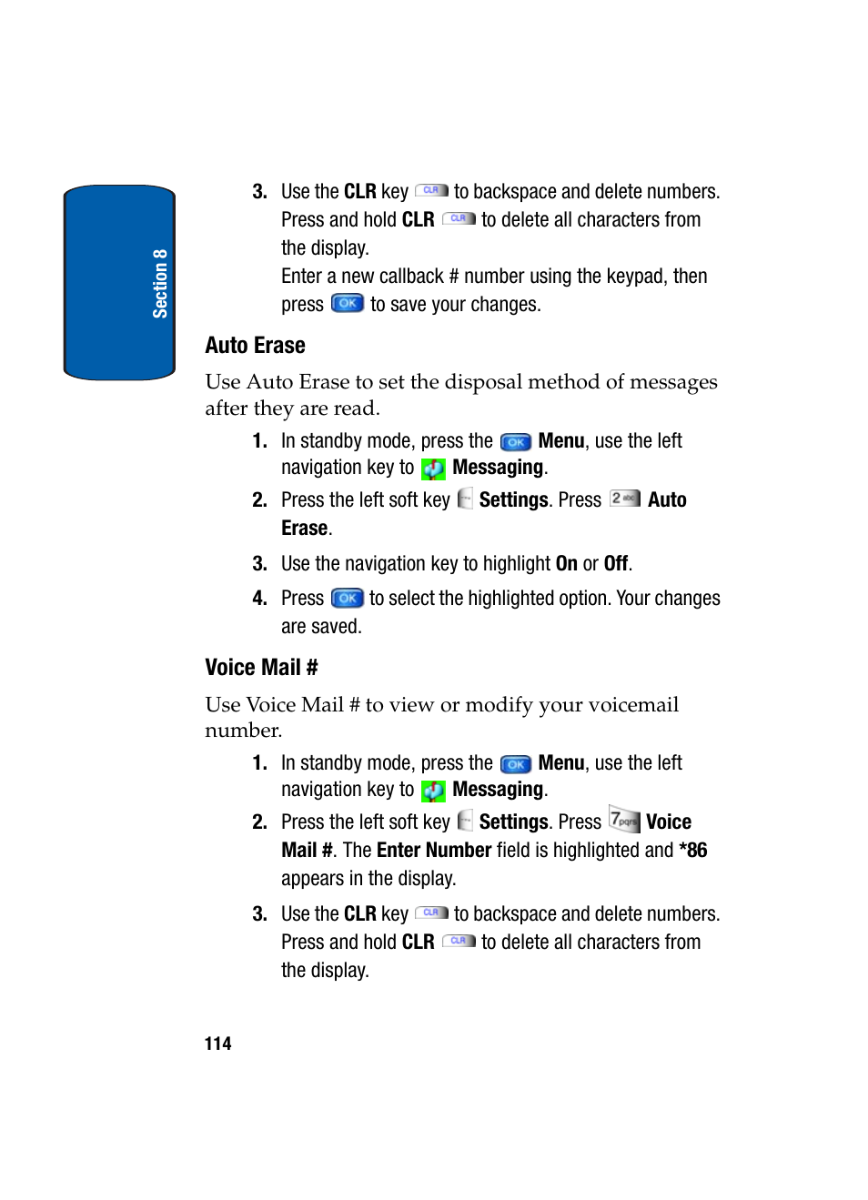 Auto erase, Voice mail | Samsung SCH-A970ZSVXAR User Manual | Page 114 / 198