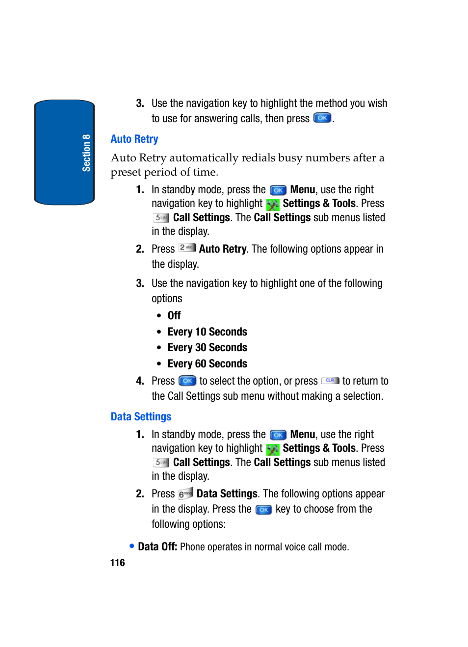 Auto retry, Data settings | Samsung SCH-A970ZSVXAR User Manual | Page 116 / 198