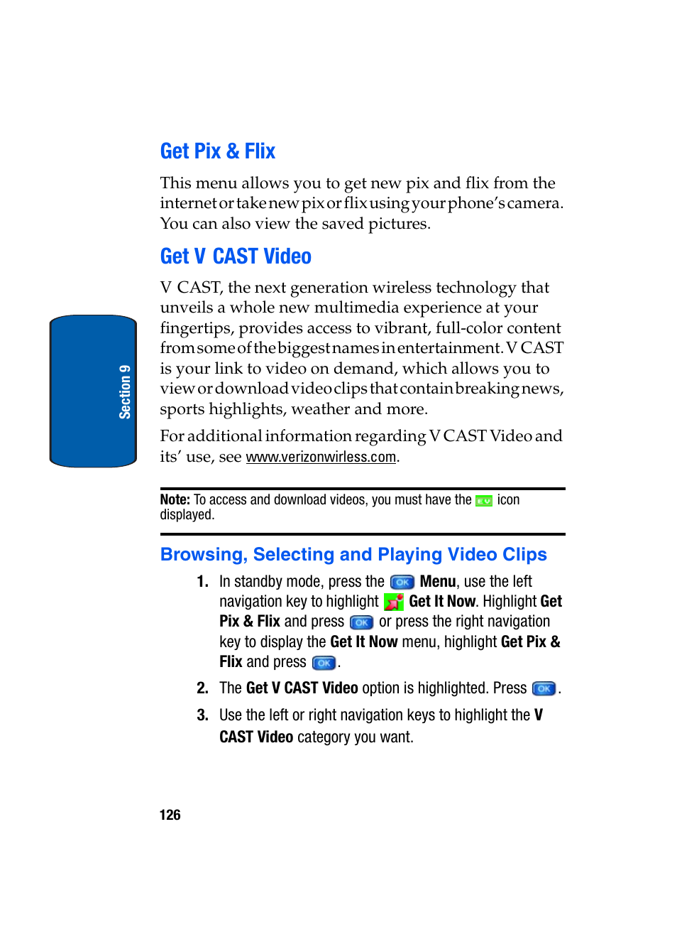 Get pix & flix, Get v cast video, Get pix & flix get v cast video | Samsung SCH-A970ZSVXAR User Manual | Page 126 / 198