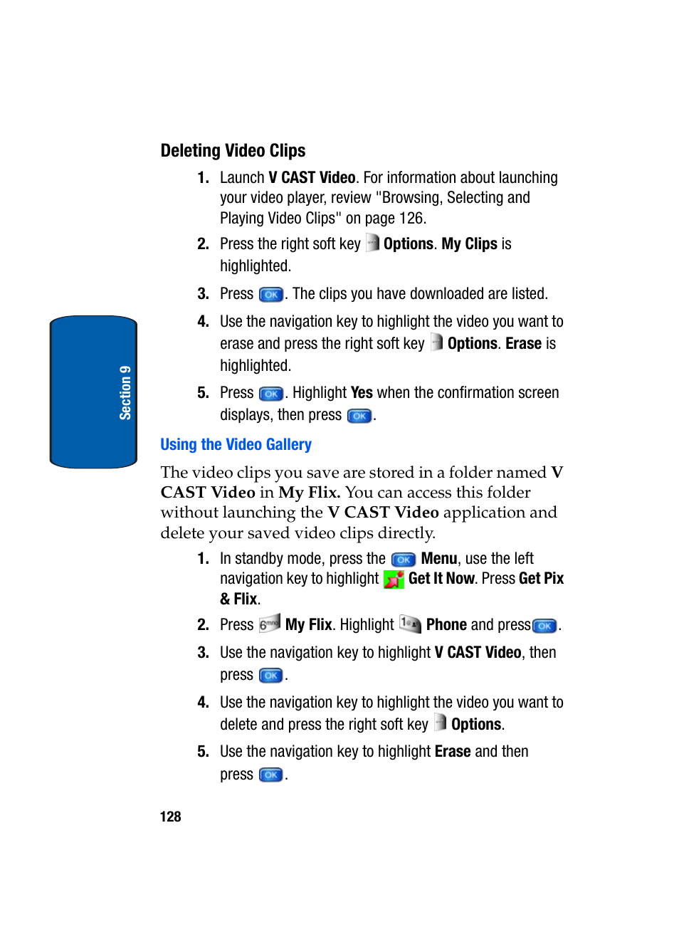 Deleting video clips, Using the video gallery | Samsung SCH-A970ZSVXAR User Manual | Page 128 / 198