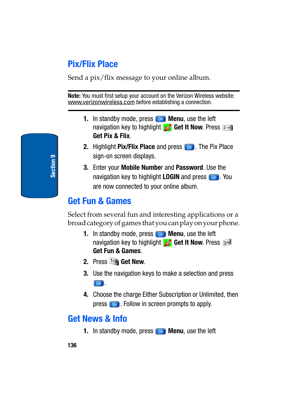 Pix/flix place, Get fun & games, Get news & info | Pix/flix place get fun & games get news & info | Samsung SCH-A970ZSVXAR User Manual | Page 136 / 198