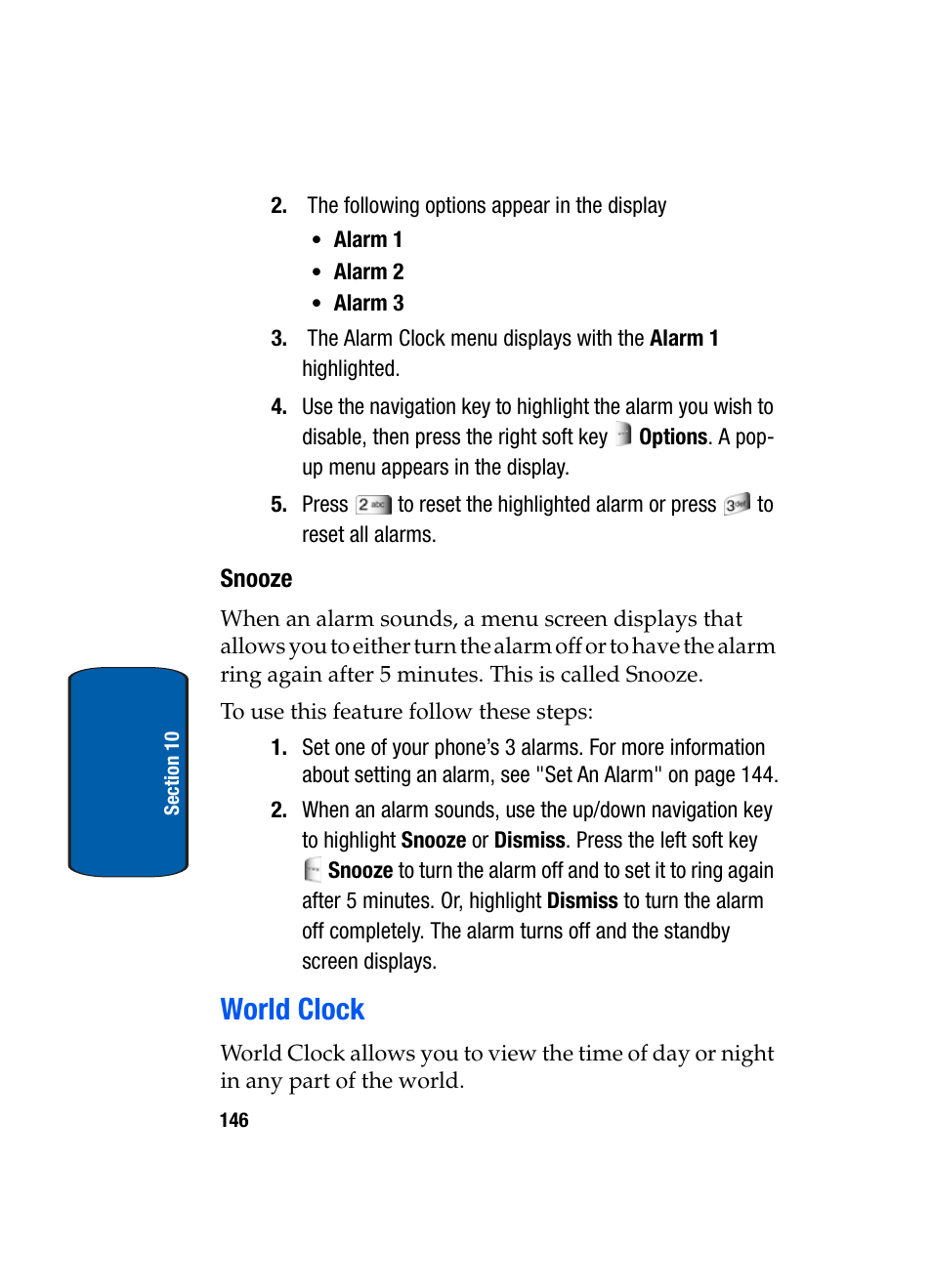 Snooze, World clock | Samsung SCH-A970ZSVXAR User Manual | Page 146 / 198