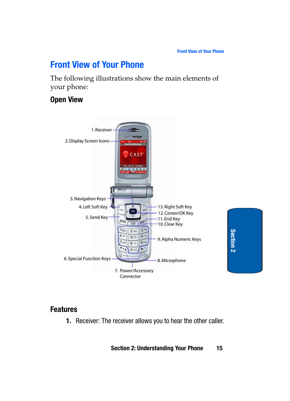 Front view of your phone, Open view, Features | Samsung SCH-A970ZSVXAR User Manual | Page 15 / 198