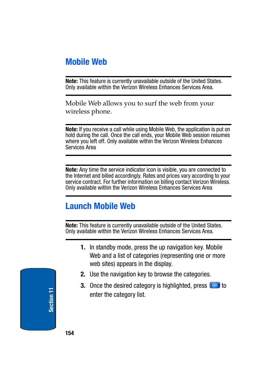 Mobile web, Launch mobile web, Mobile web launch mobile web | Samsung SCH-A970ZSVXAR User Manual | Page 154 / 198