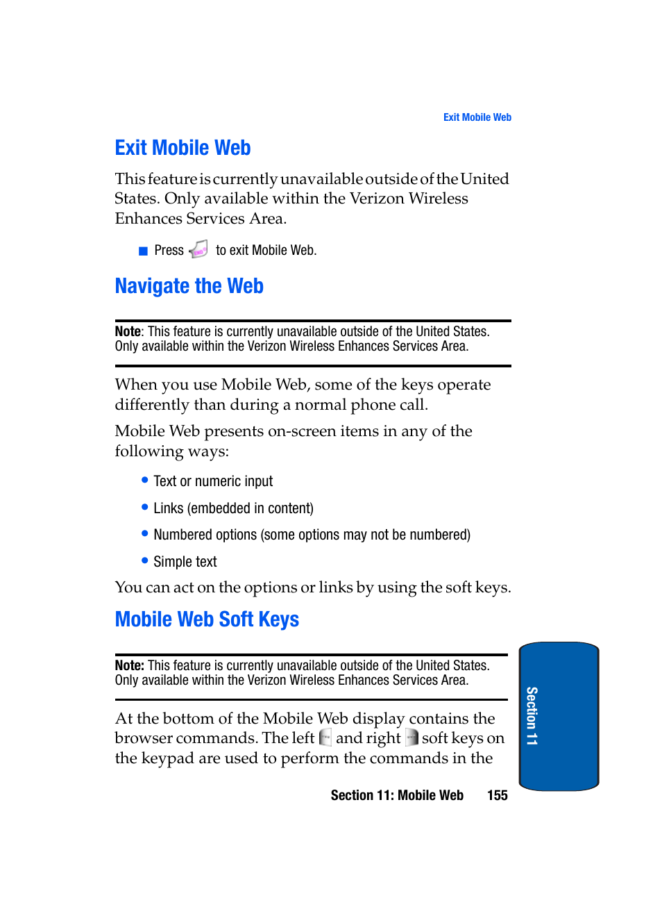 Exit mobile web, Navigate the web, Mobile web soft keys | Samsung SCH-A970ZSVXAR User Manual | Page 155 / 198