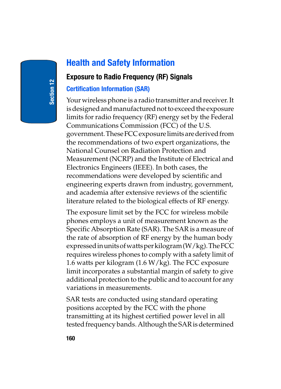 Health and safety information, Exposure to radio frequency (rf) signals, Certification information (sar) | Samsung SCH-A970ZSVXAR User Manual | Page 160 / 198