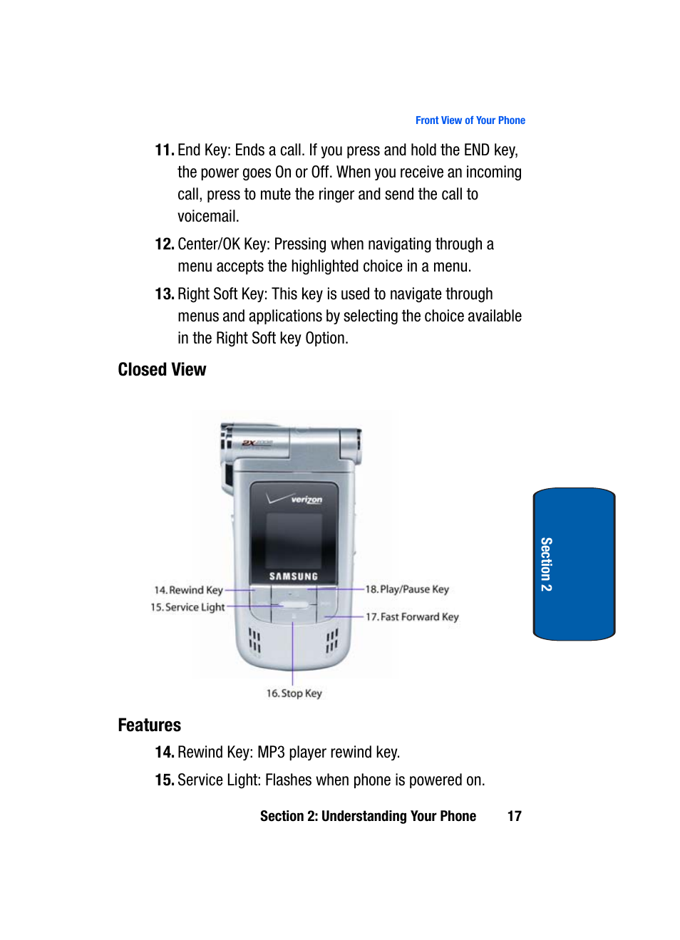 Closed view, Features | Samsung SCH-A970ZSVXAR User Manual | Page 17 / 198