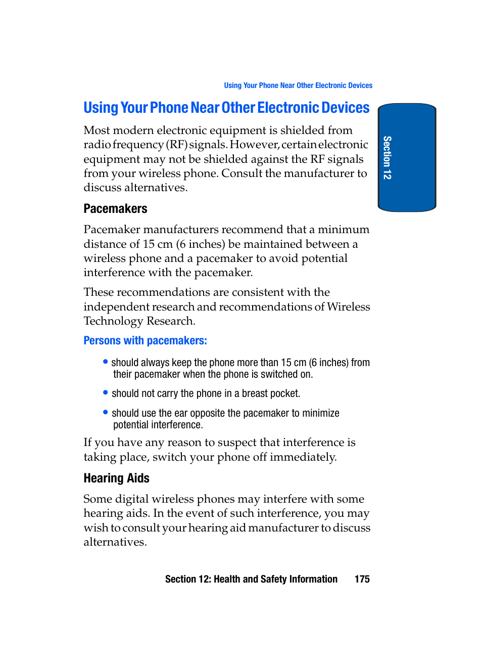 Using your phone near other electronic devices, Pacemakers, Persons with pacemakers | Hearing aids | Samsung SCH-A970ZSVXAR User Manual | Page 175 / 198