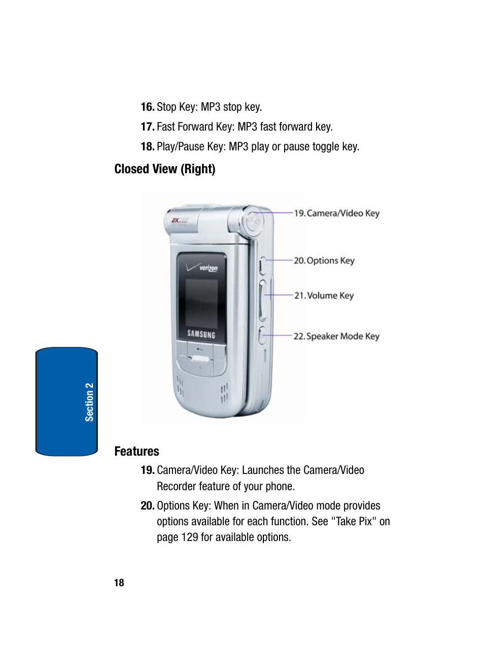 Closed view (right), Features | Samsung SCH-A970ZSVXAR User Manual | Page 18 / 198