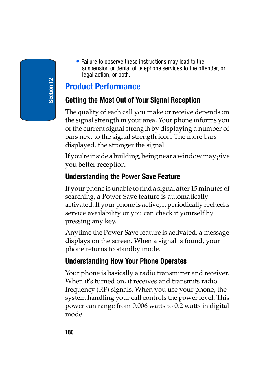 Product performance, Getting the most out of your signal reception, Understanding the power save feature | Understanding how your phone operates | Samsung SCH-A970ZSVXAR User Manual | Page 180 / 198