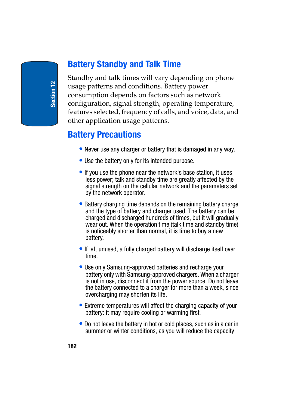 Battery standby and talk time, Battery precautions, Battery standby and talk time battery precautions | Samsung SCH-A970ZSVXAR User Manual | Page 182 / 198