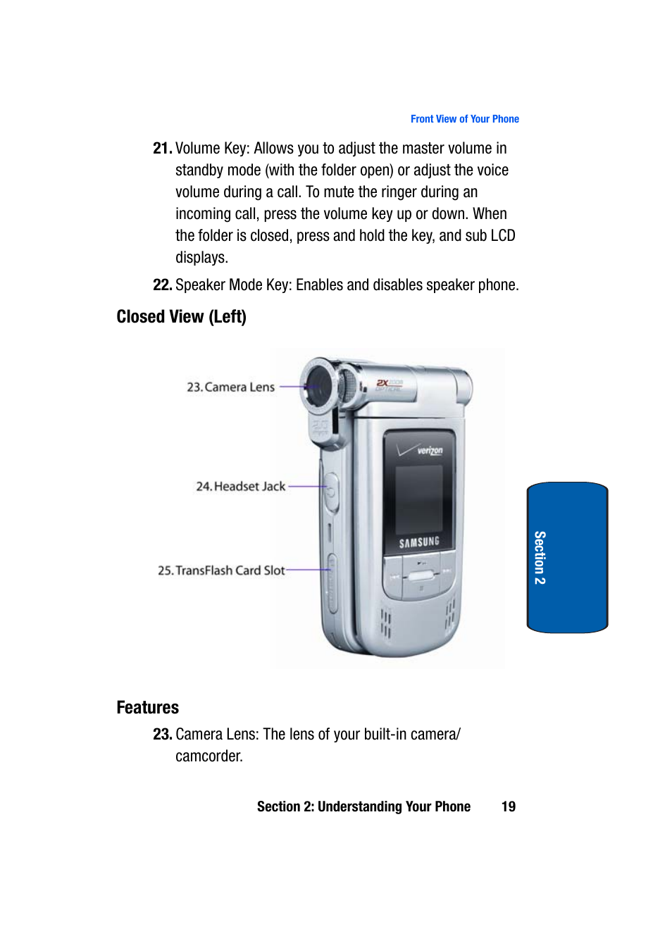 Closed view (left), Features | Samsung SCH-A970ZSVXAR User Manual | Page 19 / 198