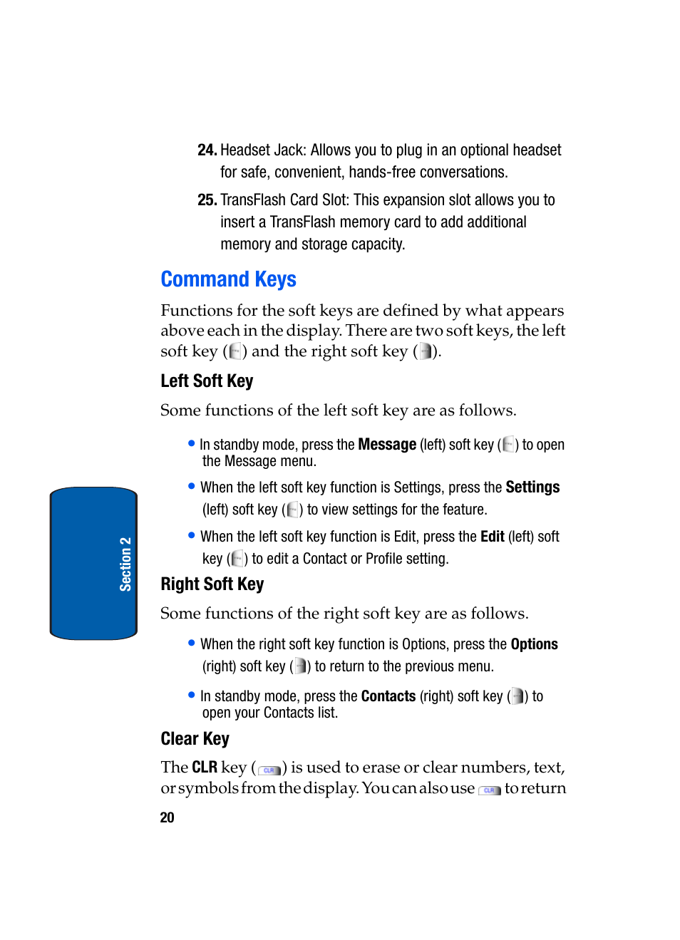 Command keys, Left soft key, Right soft key | Clear key | Samsung SCH-A970ZSVXAR User Manual | Page 20 / 198