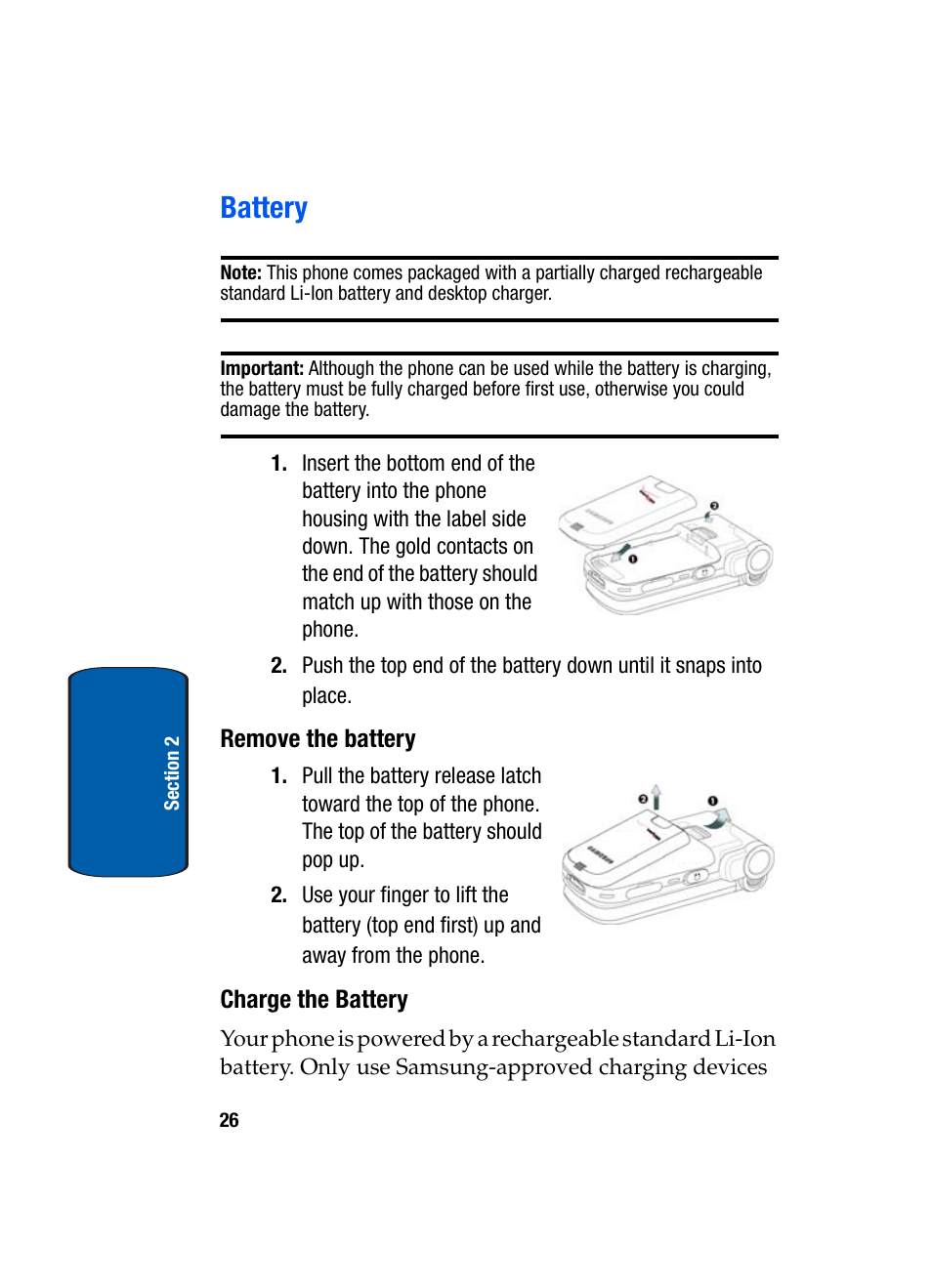 Battery, Remove the battery, Charge the battery | Samsung SCH-A970ZSVXAR User Manual | Page 26 / 198