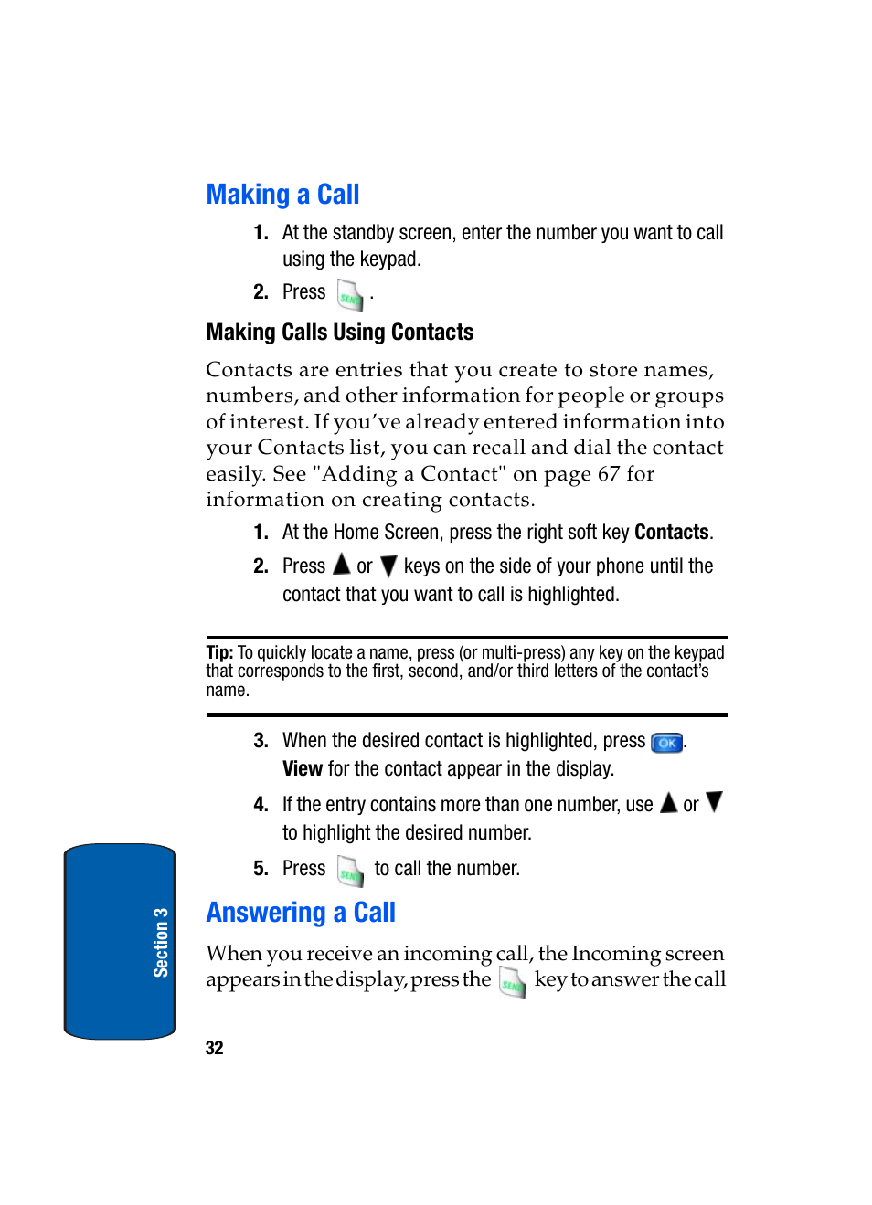 Making a call, Making calls using contacts, Answering a call | Making a call answering a call | Samsung SCH-A970ZSVXAR User Manual | Page 32 / 198