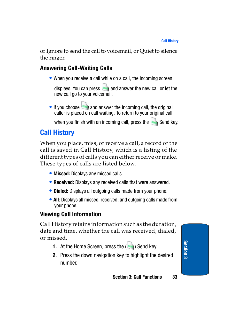 Answering call-waiting calls, Call history, Viewing call information | Samsung SCH-A970ZSVXAR User Manual | Page 33 / 198
