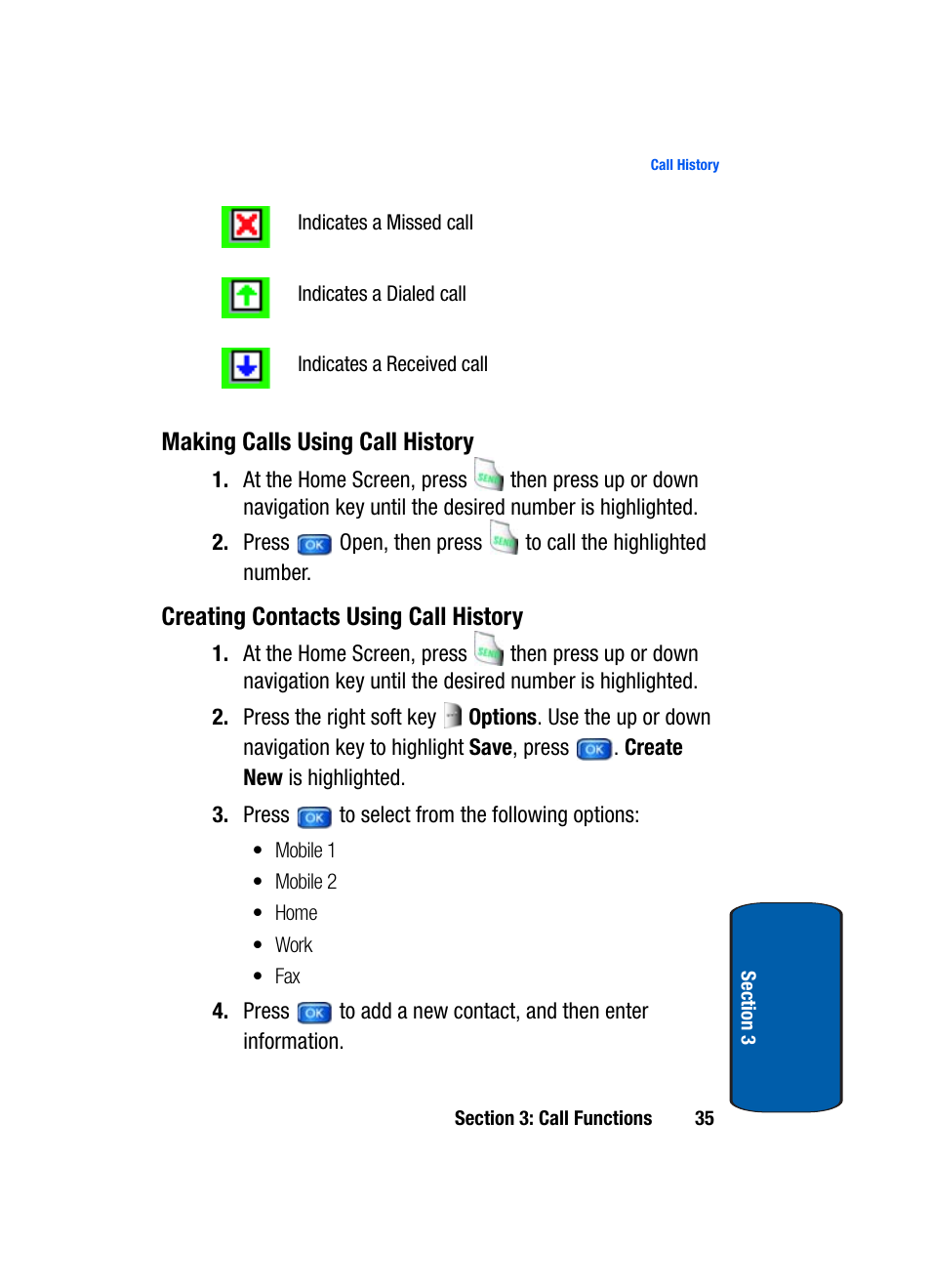 Making calls using call history, Creating contacts using call history | Samsung SCH-A970ZSVXAR User Manual | Page 35 / 198