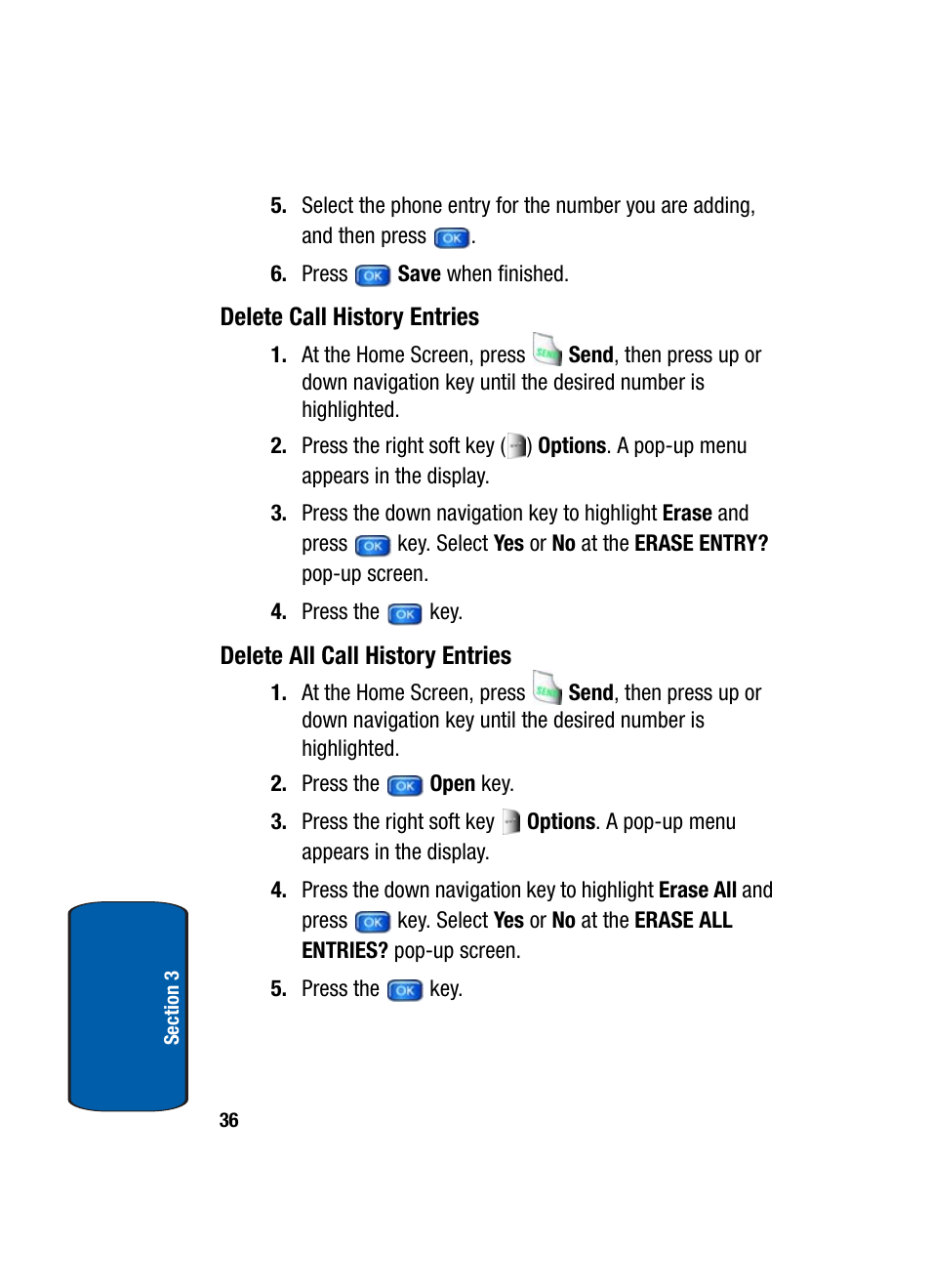 Delete call history entries, Delete all call history entries | Samsung SCH-A970ZSVXAR User Manual | Page 36 / 198