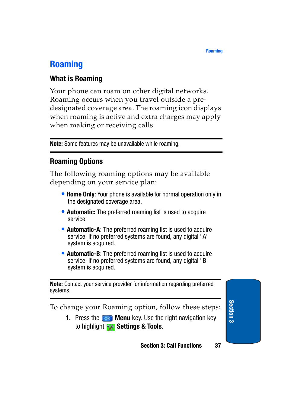 Roaming, What is roaming, Roaming options | Samsung SCH-A970ZSVXAR User Manual | Page 37 / 198