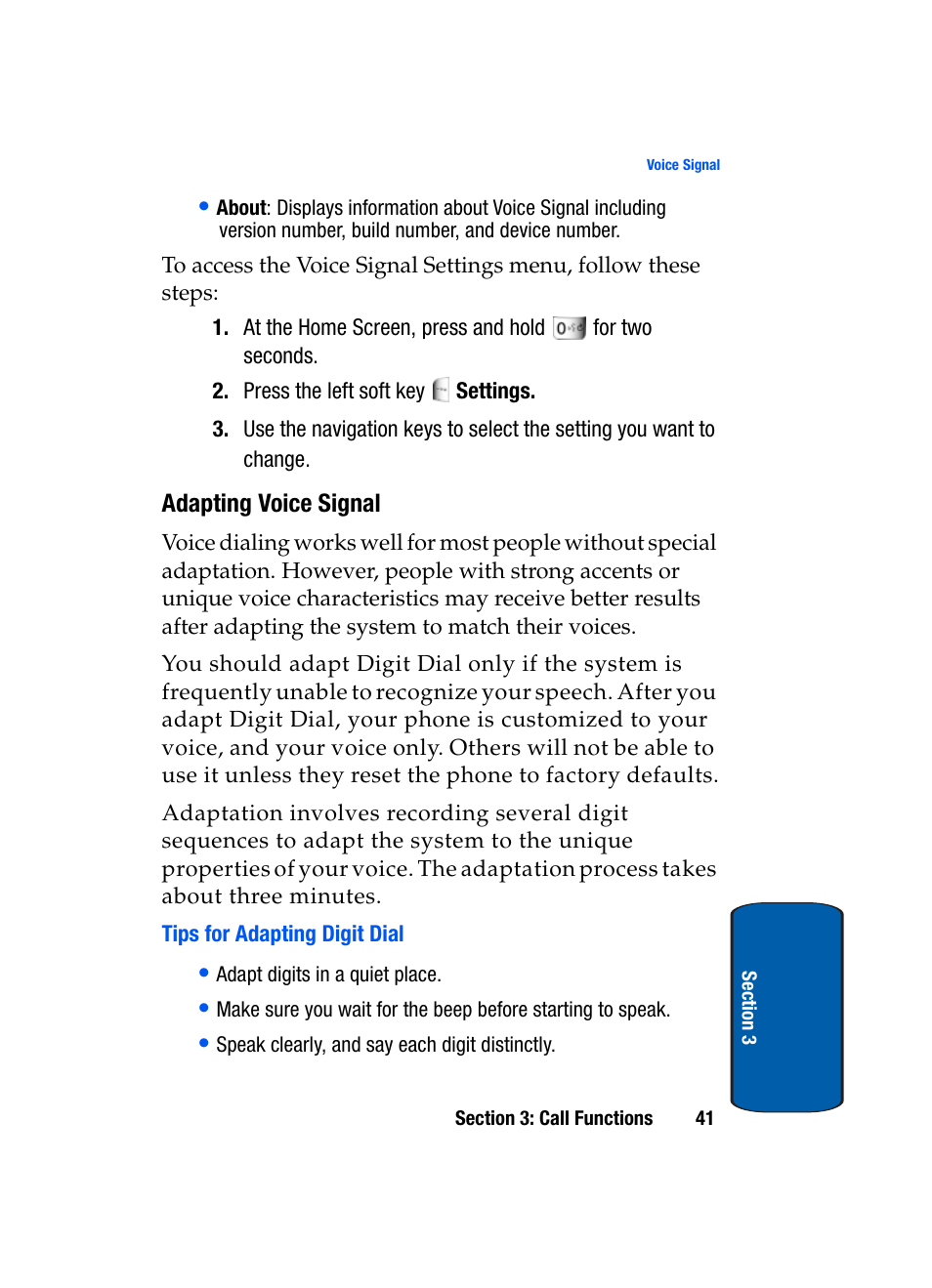 Adapting voice signal, Tips for adapting digit dial | Samsung SCH-A970ZSVXAR User Manual | Page 41 / 198