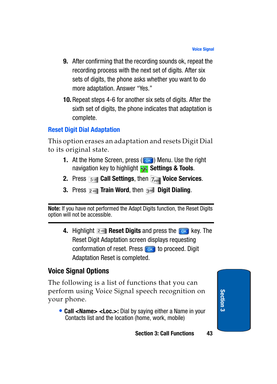 Reset digit dial adaptation, Voice signal options | Samsung SCH-A970ZSVXAR User Manual | Page 43 / 198