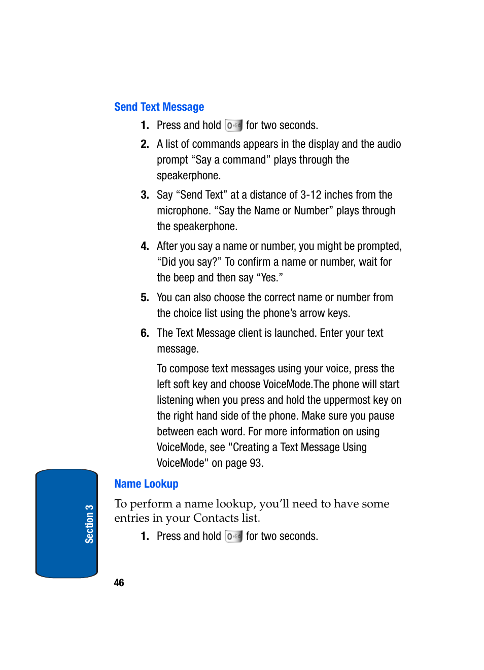 Send text message, Name lookup | Samsung SCH-A970ZSVXAR User Manual | Page 46 / 198